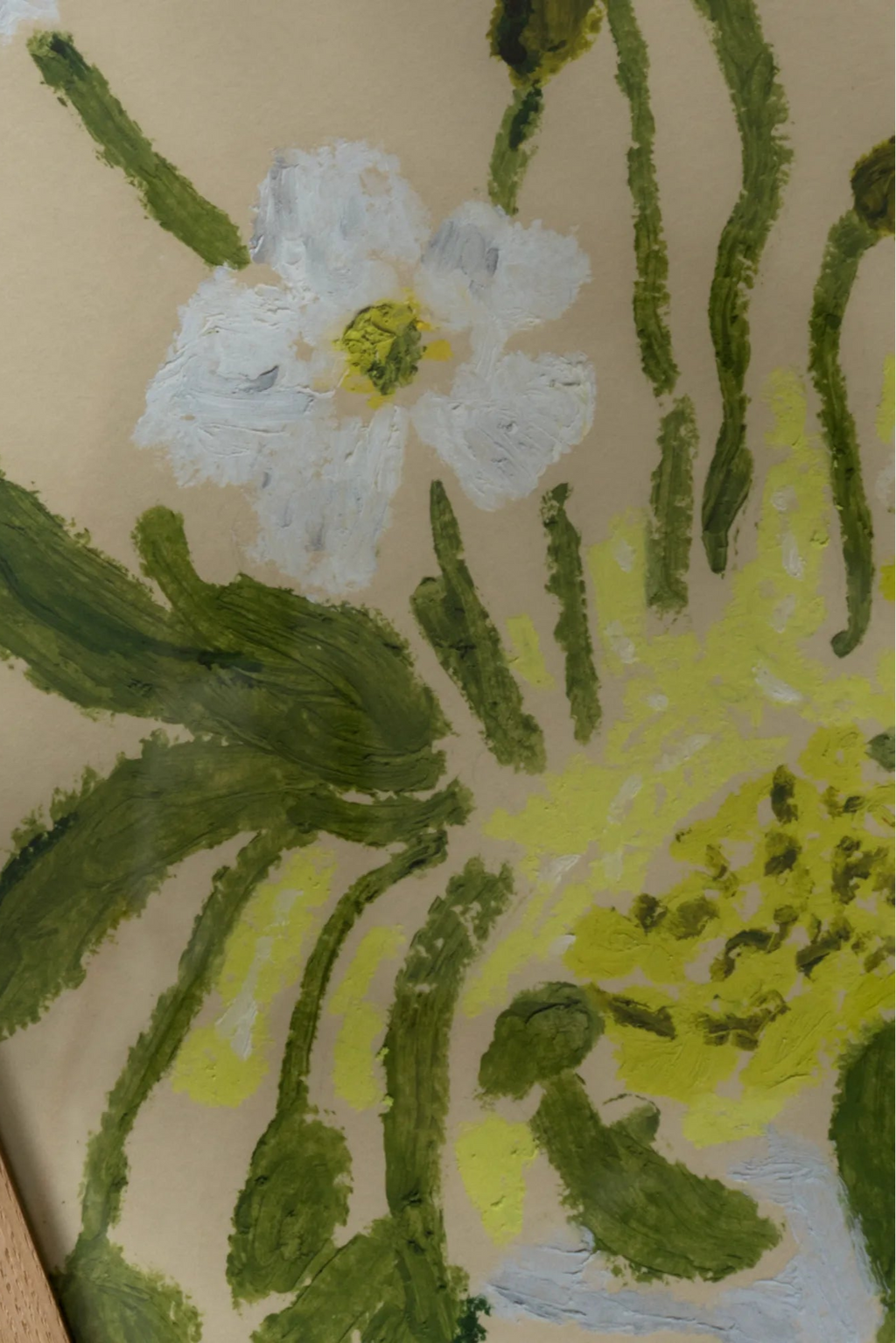 The Poster Club Spring Blossom, an impressionistic floral art print featuring bold brushstrokes of white flowers with vibrant yellow centers, contrasted by thick, textured stems and leaves in shades of olive and lime green. The abstract botanical composition is set against a warm beige background, evoking an organic modern aesthetic. Perfect as contemporary wall art for a minimalist living room, Scandinavian bedroom, or gallery wall.