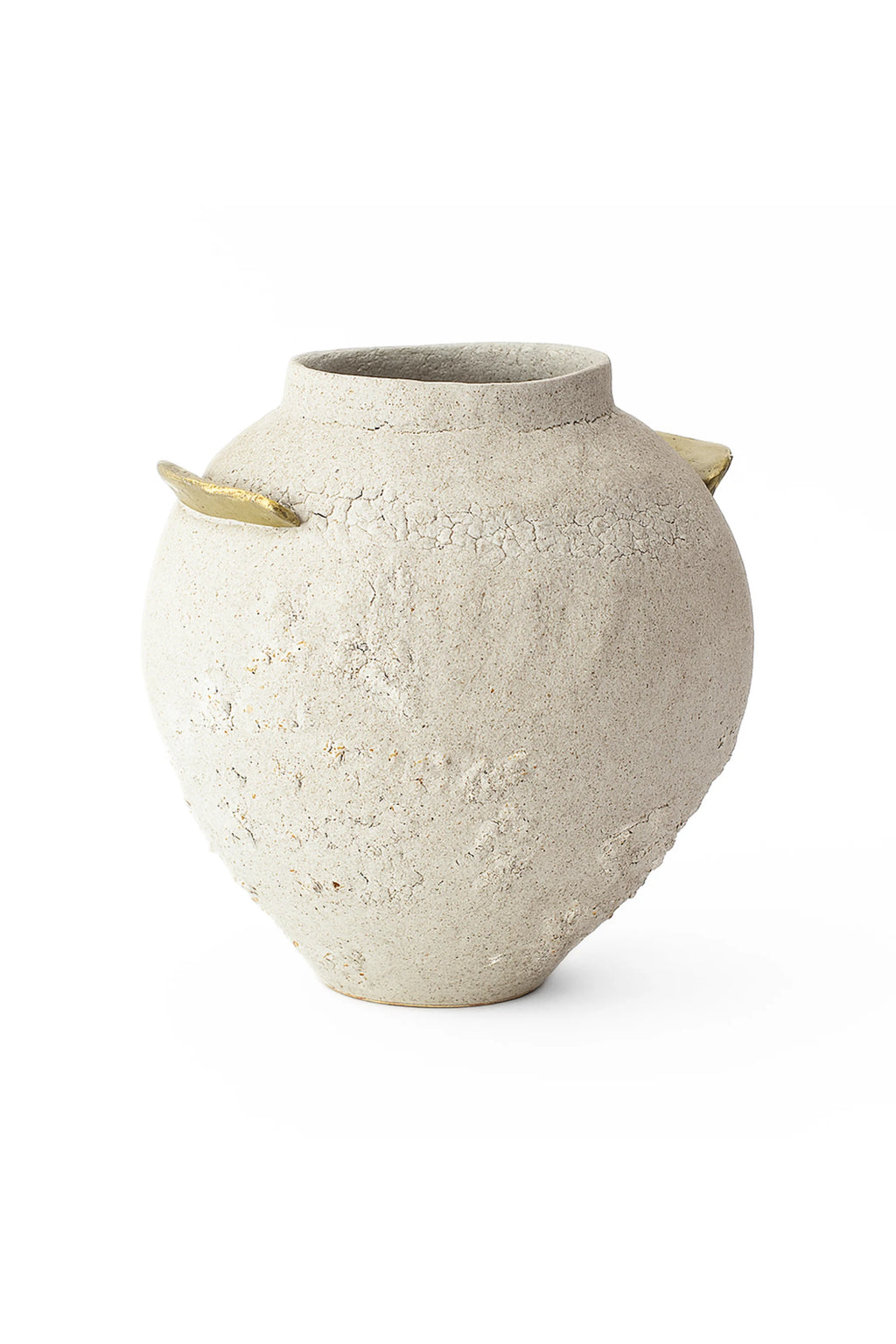 Canoa Lab Isolated n.10 Vase, a modern, round, light beige ceramic vase with a textured, crackled finish and two small, golden, leaf-like handles, displayed on a clean white background.