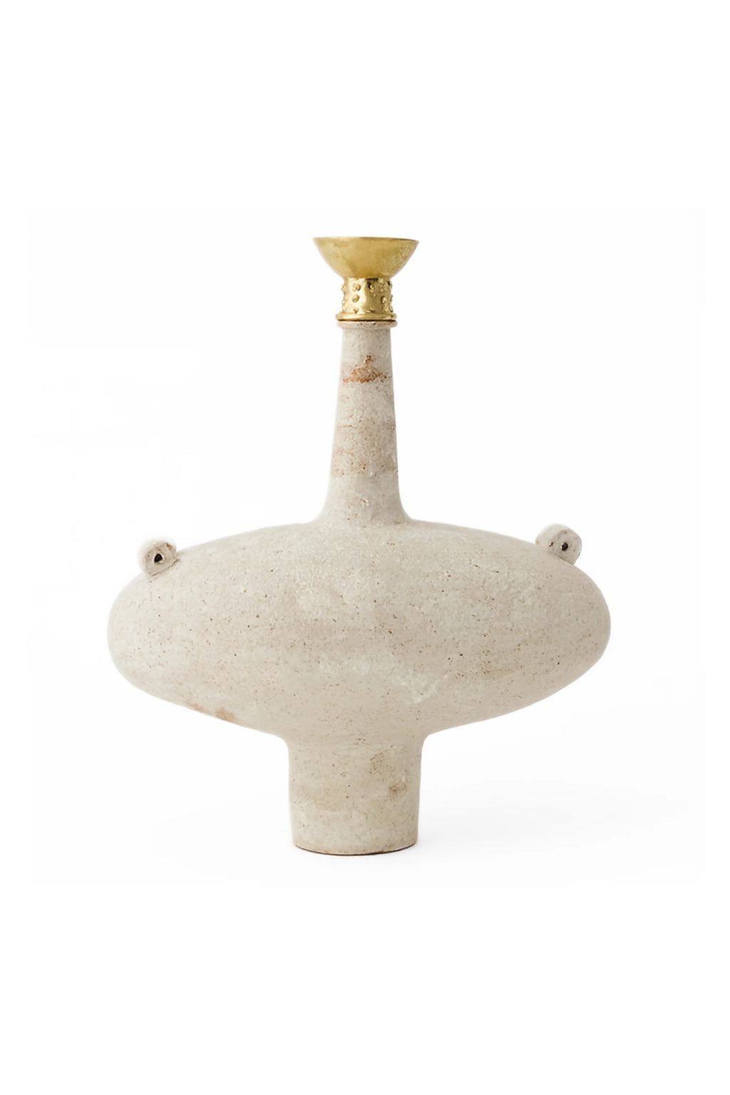Canoa Lab Isolated n.13 Vase, a striking full-body shot of the modern, sculptural ceramic piece with an elongated, flat oval body, slender neck, and golden brass top, presented on a crisp white background.