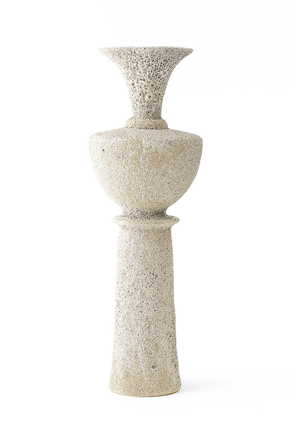 Canoa Lab Isolated n.20 Vase, a full view of the tall, elegant, and modern ceramic vase with a unique textured, porous white and grey finish, standing upright on a clean white background.