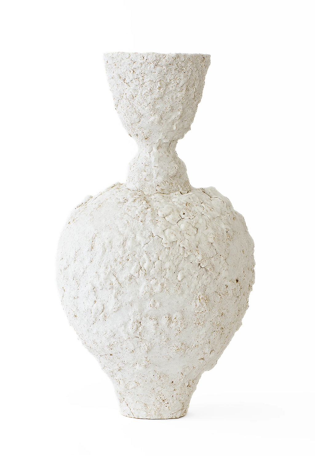 Canoa Lab Isolated n.21 Vase, an elegant, tall white ceramic vase with a unique, heavily textured, organic surface and a narrow, flared neck, presented on a white background.