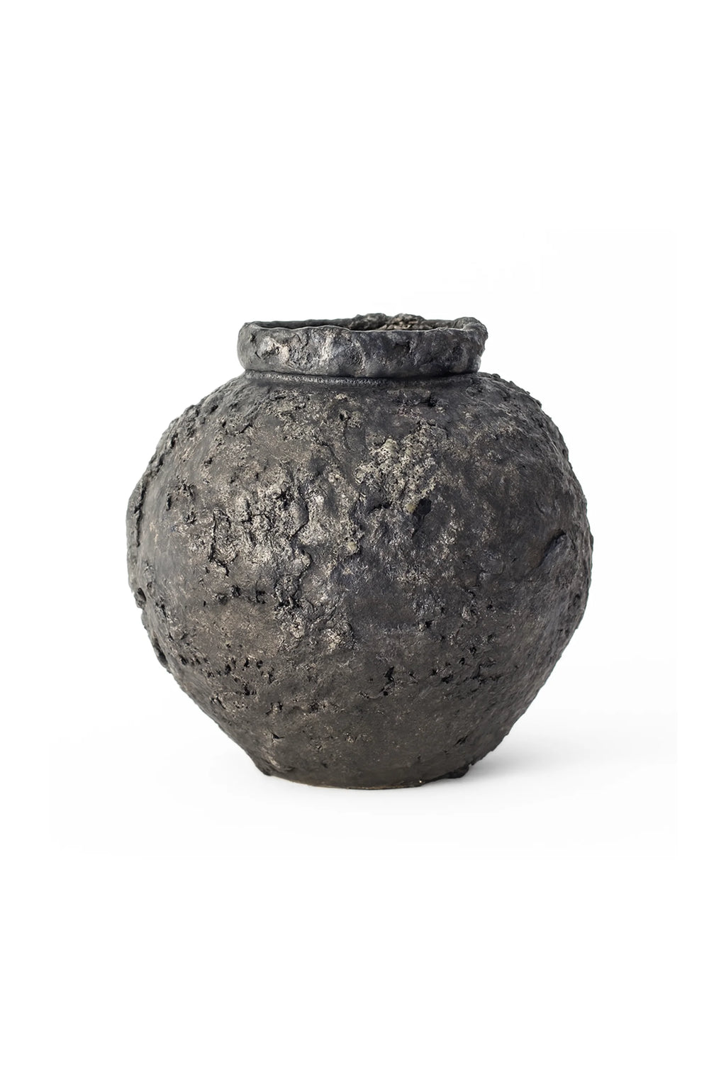 Canoa Lab Isolated n.22 Vase, a rustic, dark grey ceramic pot with a heavily textured, almost volcanic surface, featuring a rounded, squat body and a wide opening, displayed on a white background.