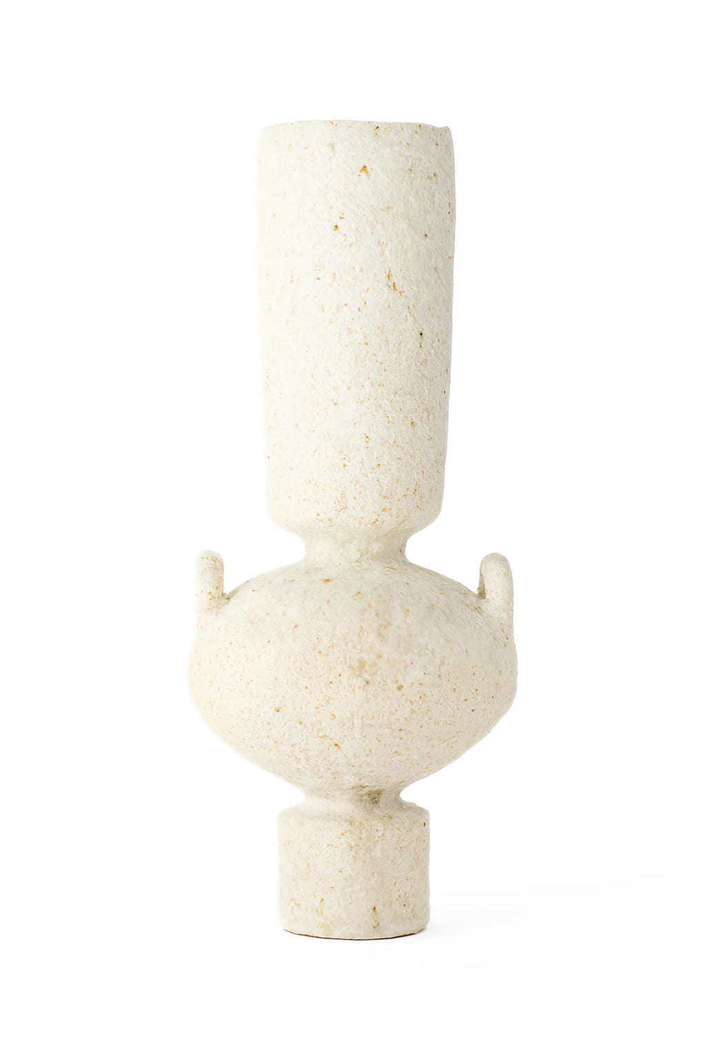 Canoa Lab Isolated n.23 Vase, a cream-colored handcrafted ceramic vase with a unique sculptural silhouette, featuring a narrow cylindrical neck, a bulbous body with small ear-like handles, and a sturdy base. Its textured porous stoneware finish in natural off-white and subtle tan speckles gives it an organic modern and Brutalist aesthetic. This abstract decorative ceramic vase is perfect for contemporary shelf styling, entryway consoles, or as a striking art piece in minimalist living rooms.