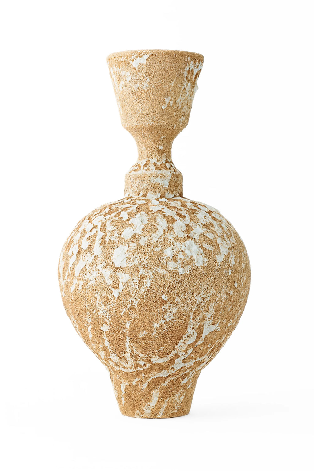 Canoa Lab Isolated n.25 Vase, a handcrafted ceramic vase with a unique sculptural silhouette, featuring a warm beige and white porous, textured finish reminiscent of volcanic rock. This organic modern stoneware vase offers a rustic, contemporary aesthetic, perfect for minimalist shelf styling, a living room accent, or entryway console decor.