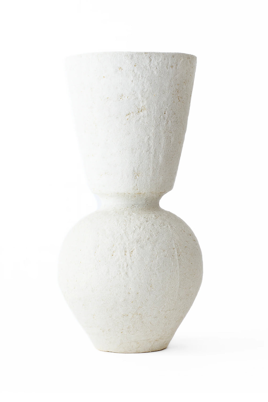 Canoa Lab Isolated n.26 Vase, a modern, two-part ceramic vase in a textured, off-white finish, featuring a wide, conical top section resting on a spherical base, displayed on a white background.