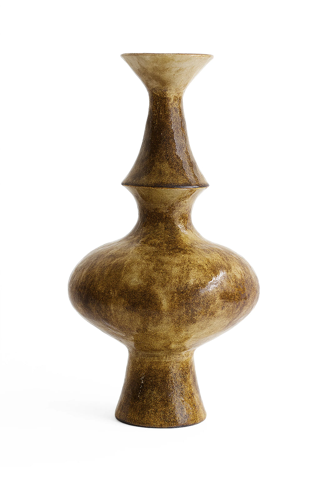 Canoa Lab Isolated n.28 Vase, an elegant, tall, and slender ceramic vase with a rich, mottled brown and beige glazed finish, featuring a bulbous base and a tapered neck, presented on a white background.