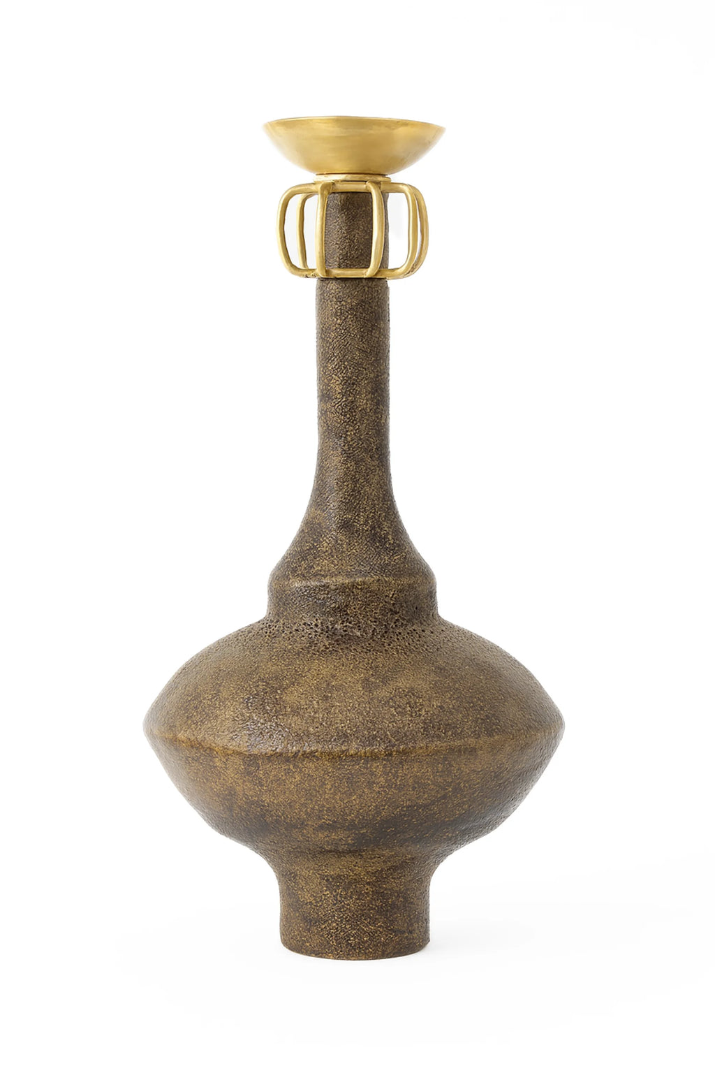 Canoa Lab Isolated n.29 Vase, a striking bronze-colored vase with a textured, metallic finish, featuring a bulbous body and a golden, ornate top accent, presented on a white background.