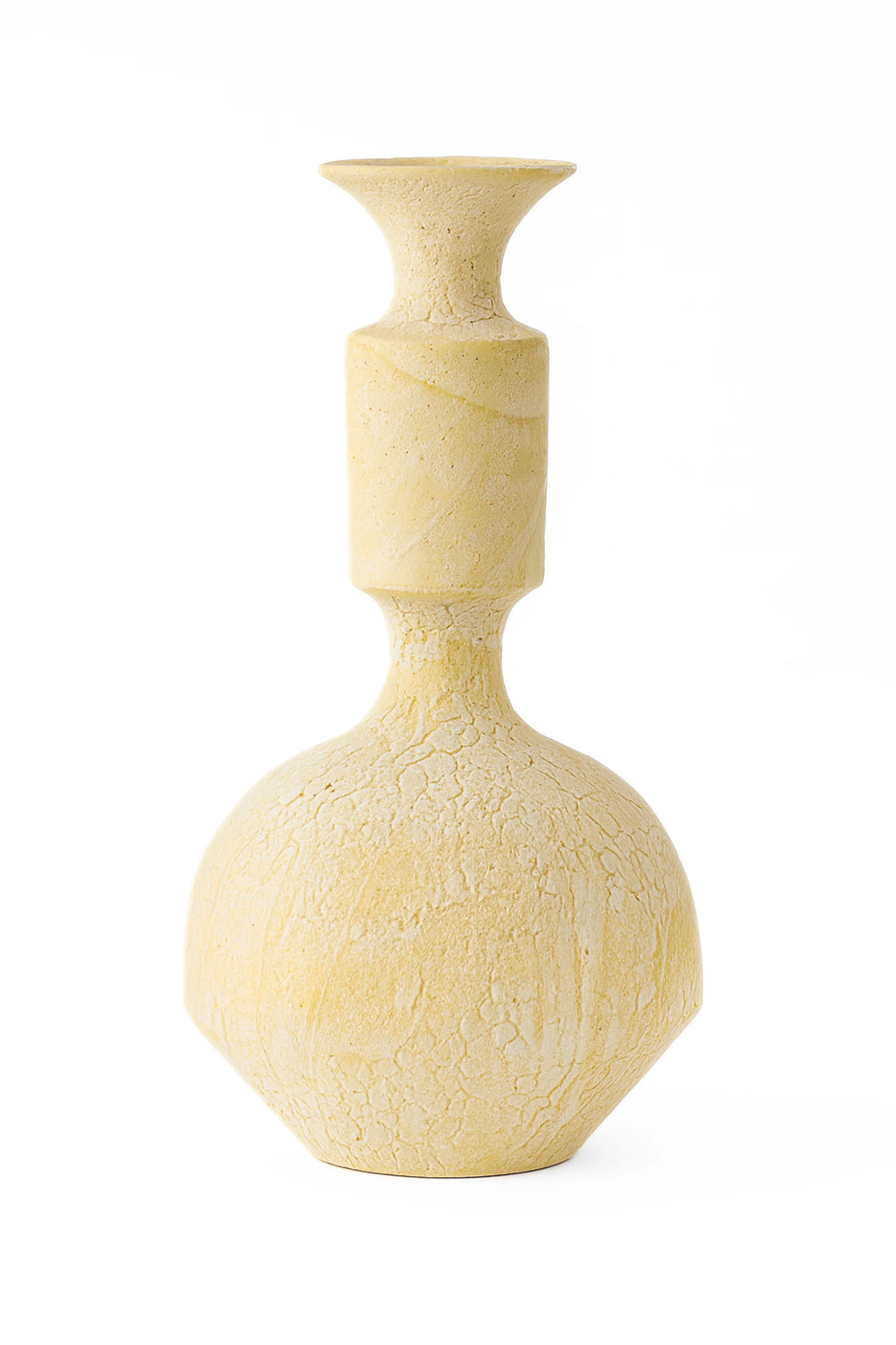 Canoa Lab Isolated n.30 Vase, a tall, elegant ceramic vase in a warm, textured yellow-beige finish, featuring a bulbous base and a slender, multi-sectioned neck, displayed on a white background.