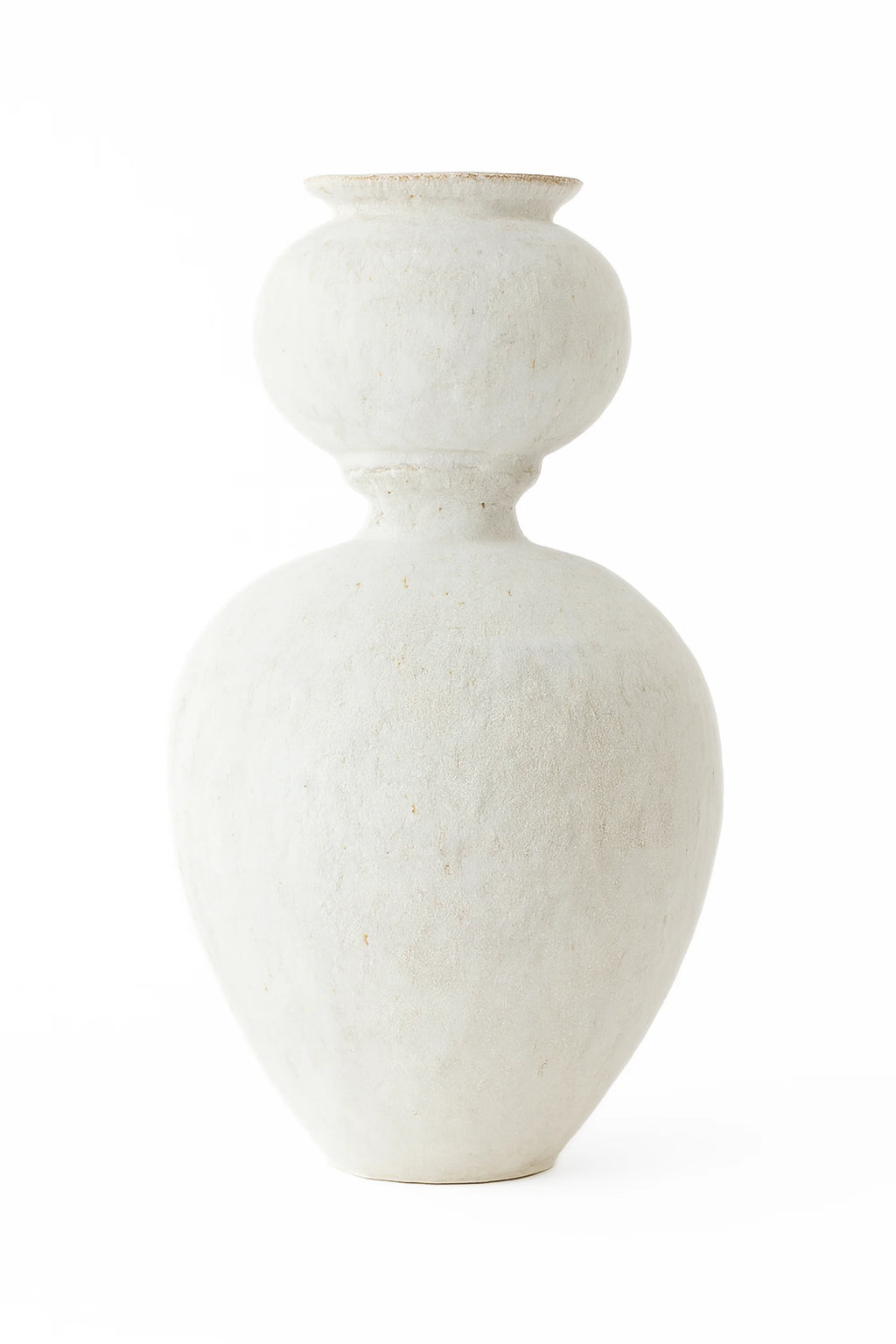 Canoa Lab Isolated n.31 Vase, an elegant, two-tiered ceramic vase in a pristine off-white, matte finish, showcasing a smooth, organic shape and modern minimalist design on a white background.