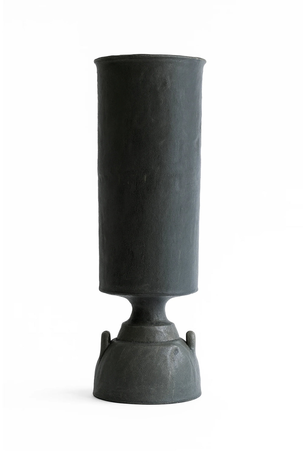 Canoa Lab Isolated n.32 Vase, a tall, cylindrical dark grey ceramic vase with a smooth, matte finish, featuring a sturdy base with subtle handle-like protrusions, presented on a white background.