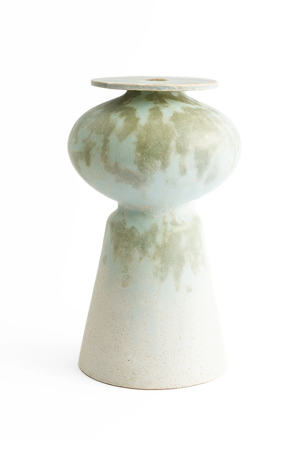Canoa Lab Isolated n.33 Vase, a unique, modern ceramic vase with a two-part design, featuring a light blue-green glaze with organic patterns over a natural ceramic base, displayed on a white background.