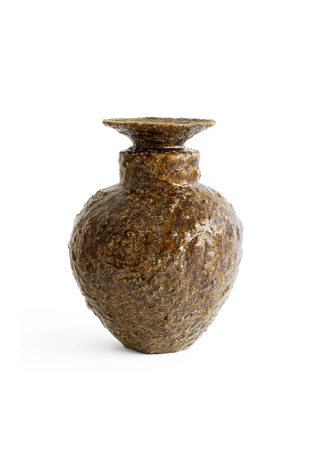 Canoa Lab Isolated n.34 Vase, a unique, round, dark brown ceramic vase with a heavily textured, almost bark-like surface and a glossy finish, featuring a short, wide neck, presented on a white background.