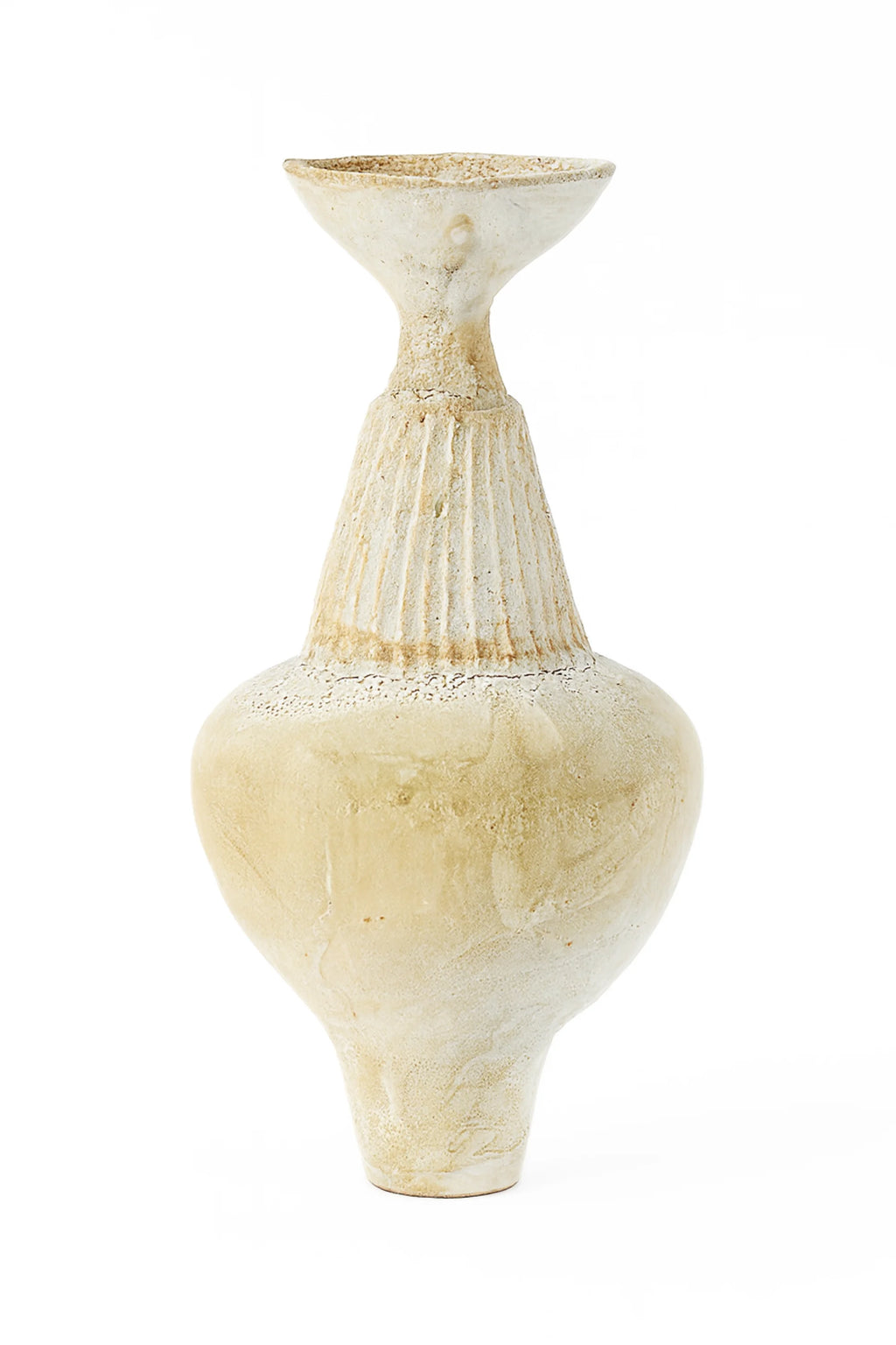 Canoa Lab Isolated n.35 Vase, a unique, tall, and slender ceramic vase with a textured, off-white finish and a distinctive fluted neck design, displayed on a clean white background.