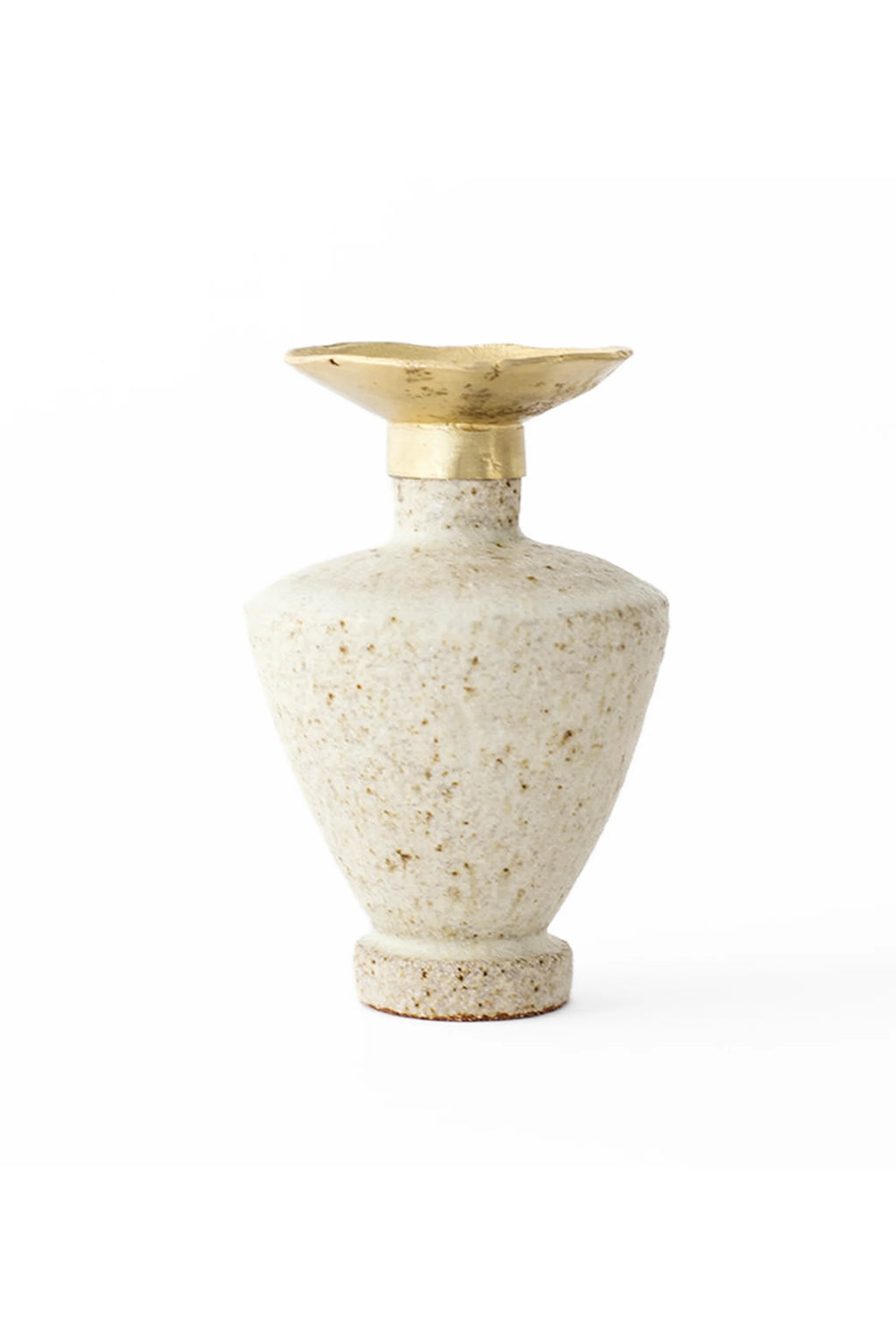 Canoa Lab Isolated n.6 Vase, a unique, speckled off-white ceramic vase with a conical body, a textured finish, and a distinctive golden, flared top accent, presented on a white background.