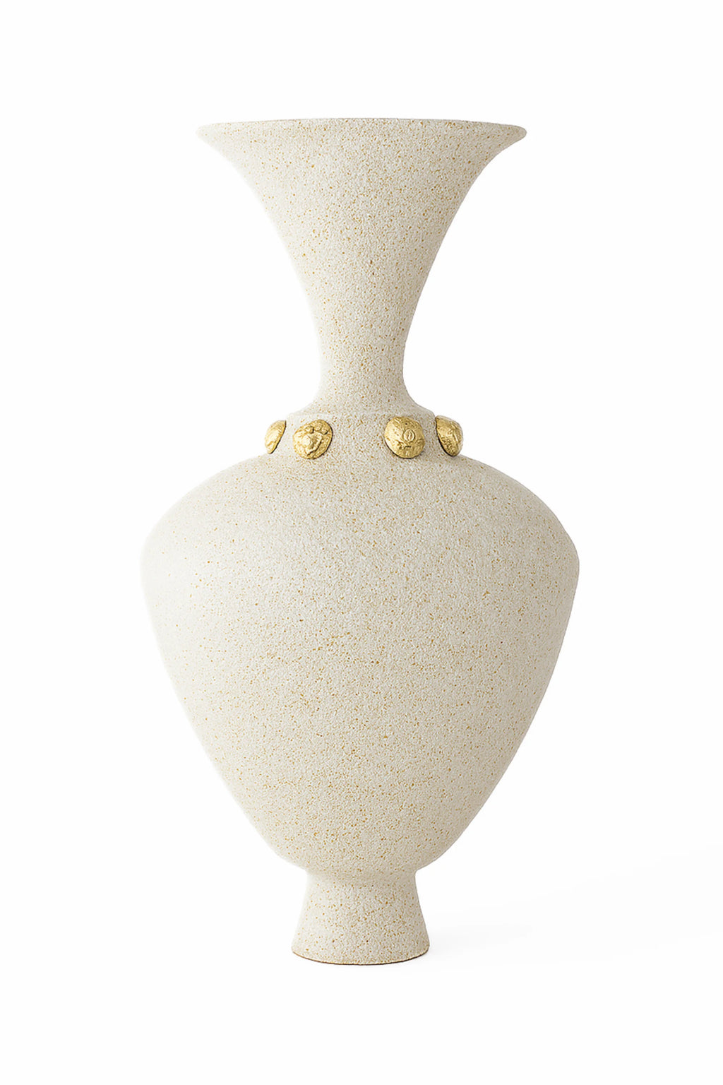Canoa Lab Isolated n.24 Vase, an elegant, tall, and slender light beige ceramic vase with a speckled, sandy texture, adorned with a band of small, golden, decorative accents around its narrowest point, displayed on a white background.