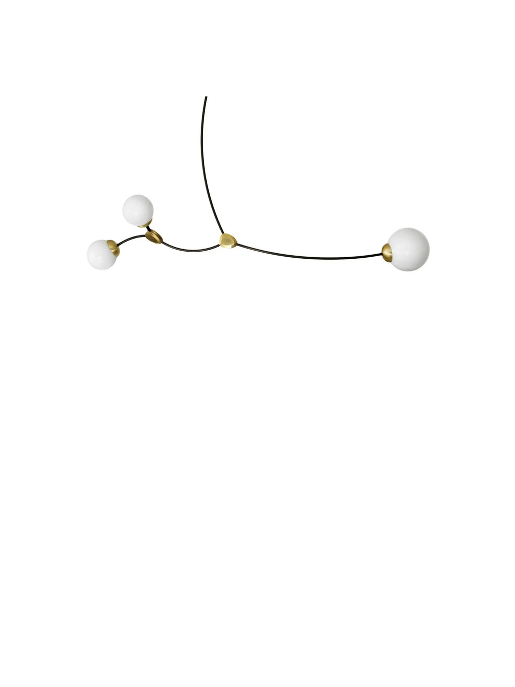 CTO Lighting Ivy 3 Pendant Lamp, featuring a sleek black metal stem with three milky white spherical glass diffusers anchored by luxurious brass accents. This elegant, modern ceiling light adds sophisticated ambient illumination to contemporary living spaces or dining areas for discerning homeowners.