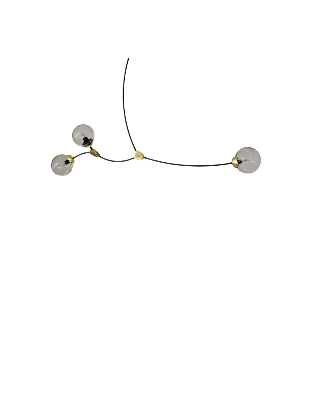 CTO Lighting Ivy 3 Pendant Lamp, a modern minimalist ceiling light featuring three clear glass globe bulbs suspended from flexible matte black metal arms, connected by elegant brushed brass accents in an organic, branching design. This luxury contemporary pendant lamp is ideal for creating a sophisticated statement in living rooms, dining rooms, or entryways.