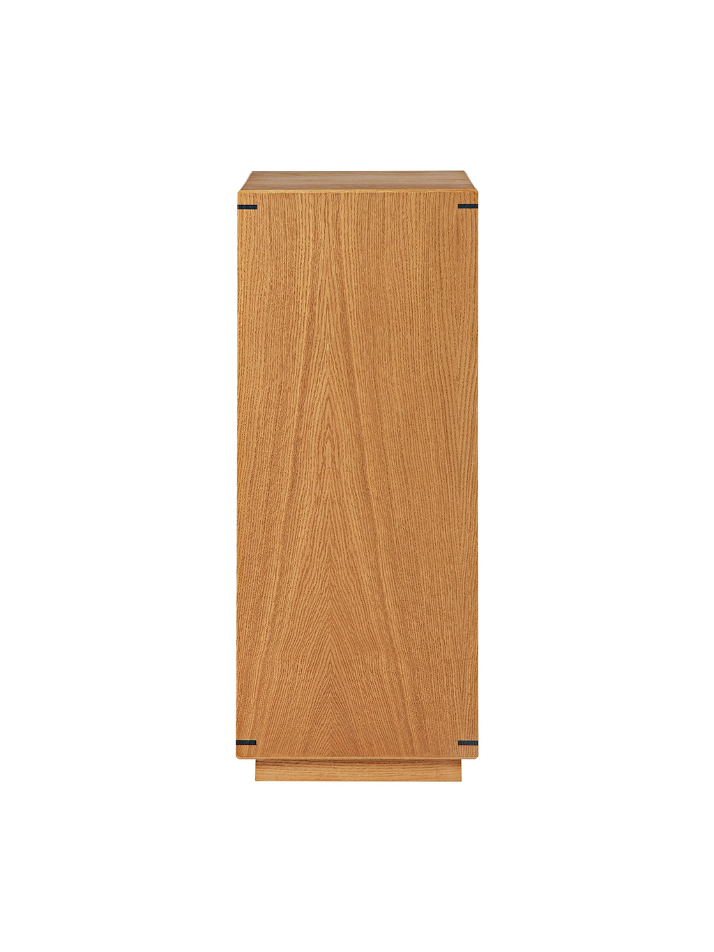 Kristina Dam Japanese Pedestal, a tall minimalist display stand crafted from natural light oak wood with prominent vertical grain and elegant dark joinery details at the corners.
