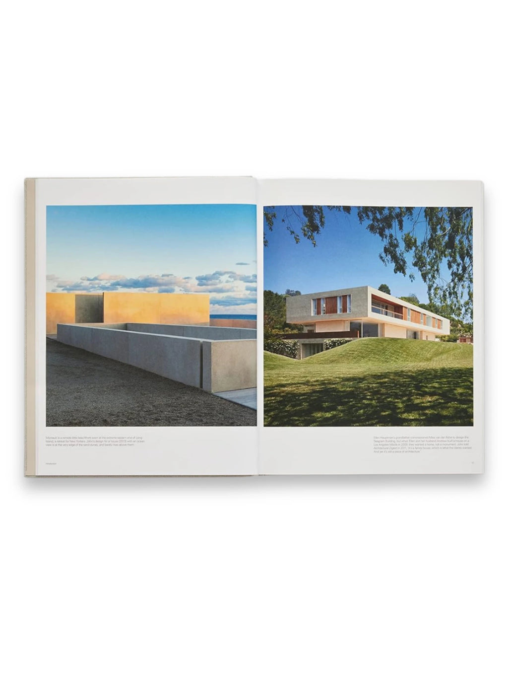 Book John Pawson - Making Life Simpler, an open architectural design book displaying two distinct modern building designs. The left page shows a minimalist concrete structure against a blue sky, while the right page features a contemporary house nestled on a grassy hill. This inspiring architecture book is perfect for design enthusiasts and students seeking modern aesthetic principles.