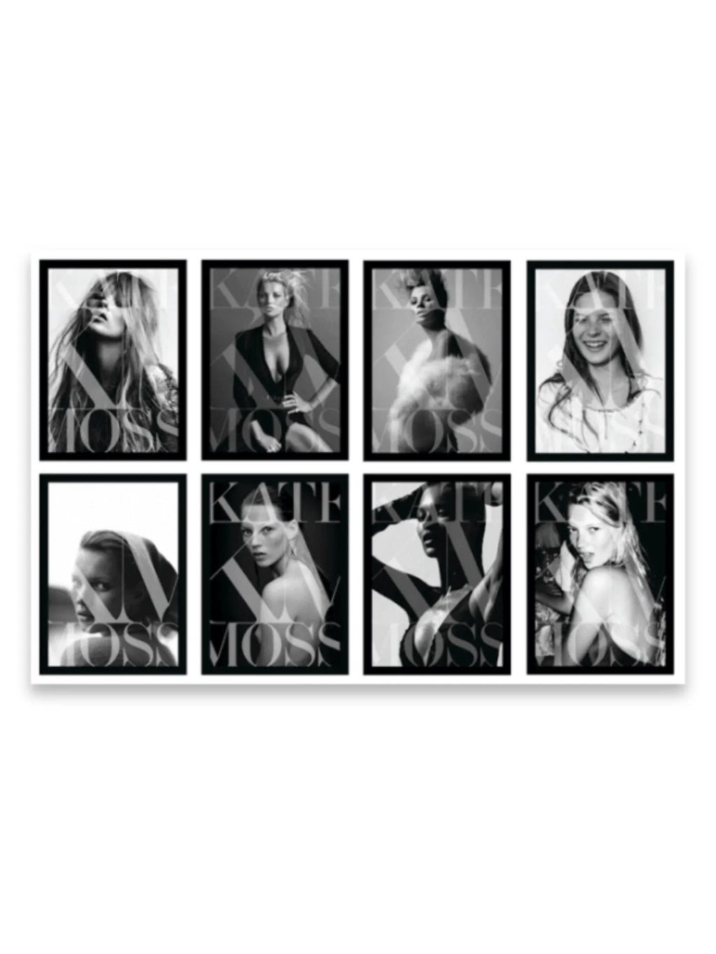Book Kate Moss, a premium art book featuring eight distinct black and white photographic portraits of Kate Moss, each framed in a sleek black border with "KATE MOSS" text subtly overlaid. This stylish coffee table book is perfect for fashion enthusiasts and photography collectors.