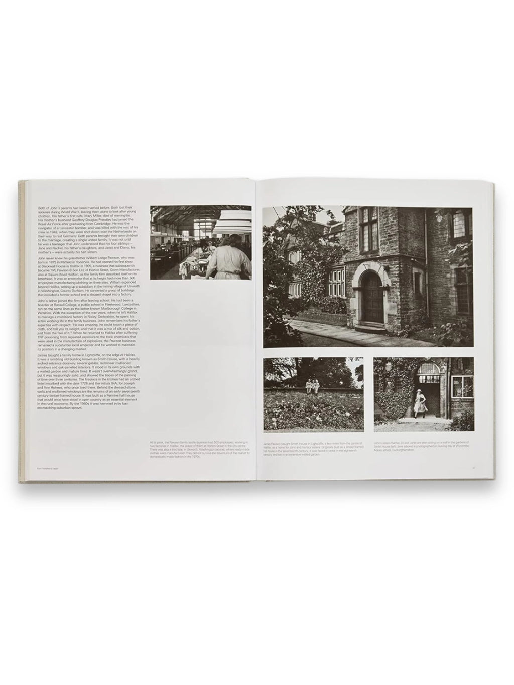 Book John Pawson - Making Life Simpler, an open book displaying black and white archival photographs and text on glossy white pages. This premium art and architecture book is perfect for design enthusiasts and students of minimalist aesthetics.