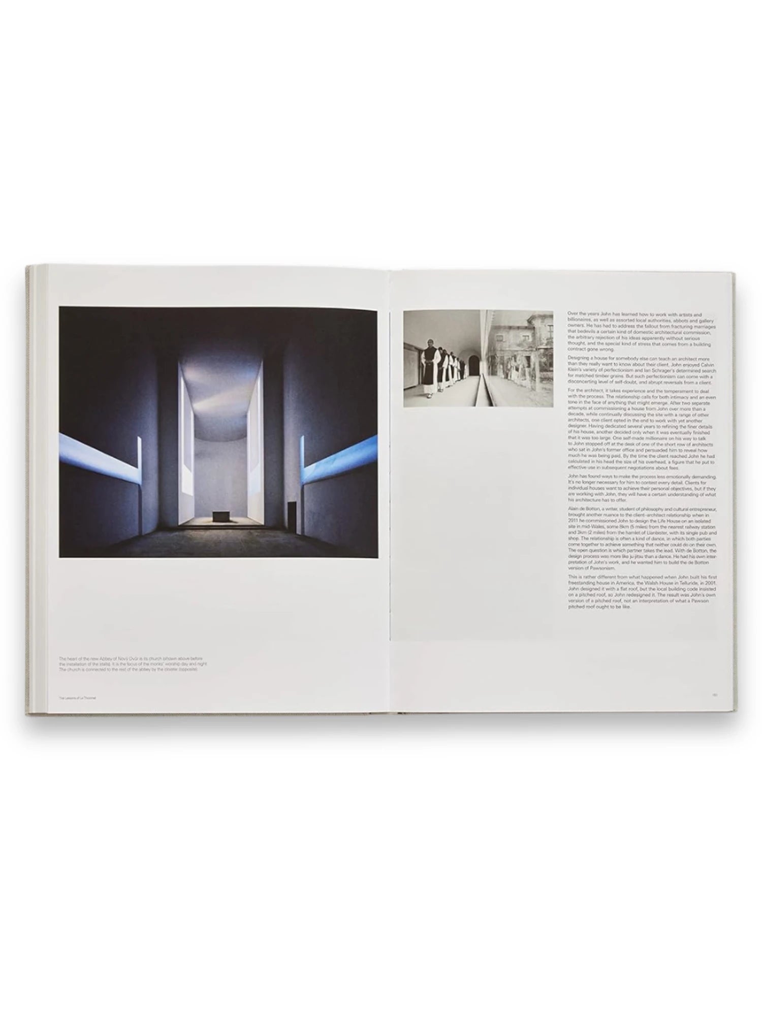 Book: John Pawson - Making Life Simpler, an open architectural design book showcasing an interior image of a minimalist, light-filled building with clean lines and striking shadows, alongside detailed textual content. This premium reference book is perfect for architects, designers, and enthusiasts of modern, minimalist design seeking inspiring insights.