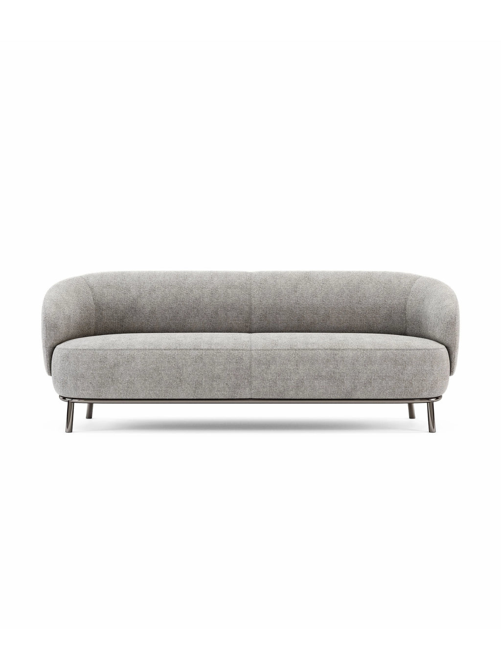 Domkapa Juliet Sofa, a contemporary 2-seater sofa upholstered in a light grey textured fabric, featuring a sleek organic curved silhouette with rounded arms and back. This modern minimalist sofa sits atop elegant dark metallic legs, offering a sophisticated aesthetic. Perfect for small living rooms, apartment spaces, or as an accent piece in a modern home.