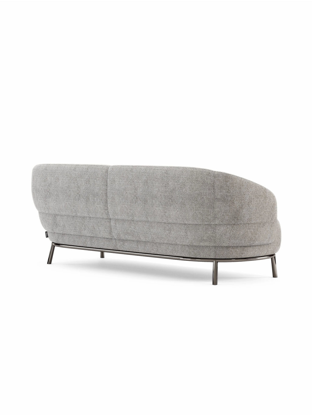Domkapa Juliet Sofa, a contemporary curved sofa upholstered in a light grey textured fabric, featuring a sleek organic profile with a rounded backrest and a minimalist dark gunmetal metal base with slender legs. This modern minimalist couch is ideal for sophisticated living rooms, apartment lounges, or contemporary open-plan interiors.