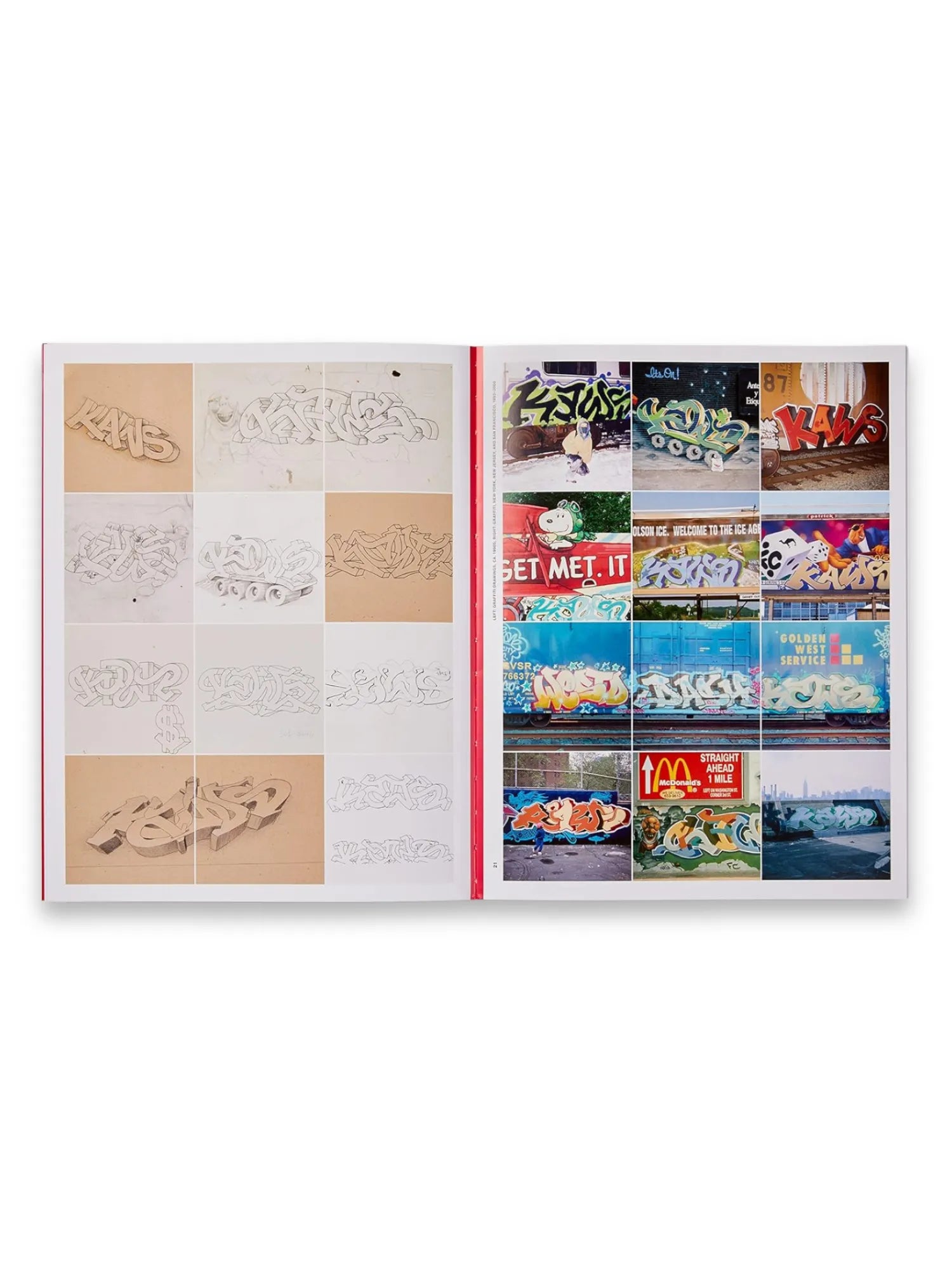 Book KAWS - Black on Pink, an open art book showcasing various KAWS graffiti art and design sketches on a crisp white background. This visual compendium features detailed pencil sketches of KAWS's iconic lettering and vibrant photographs of his graffiti on subway cars and billboards, highlighting his artistic evolution. An essential art book for KAWS fans, graffiti enthusiasts, and collectors interested in street art history and contemporary art.