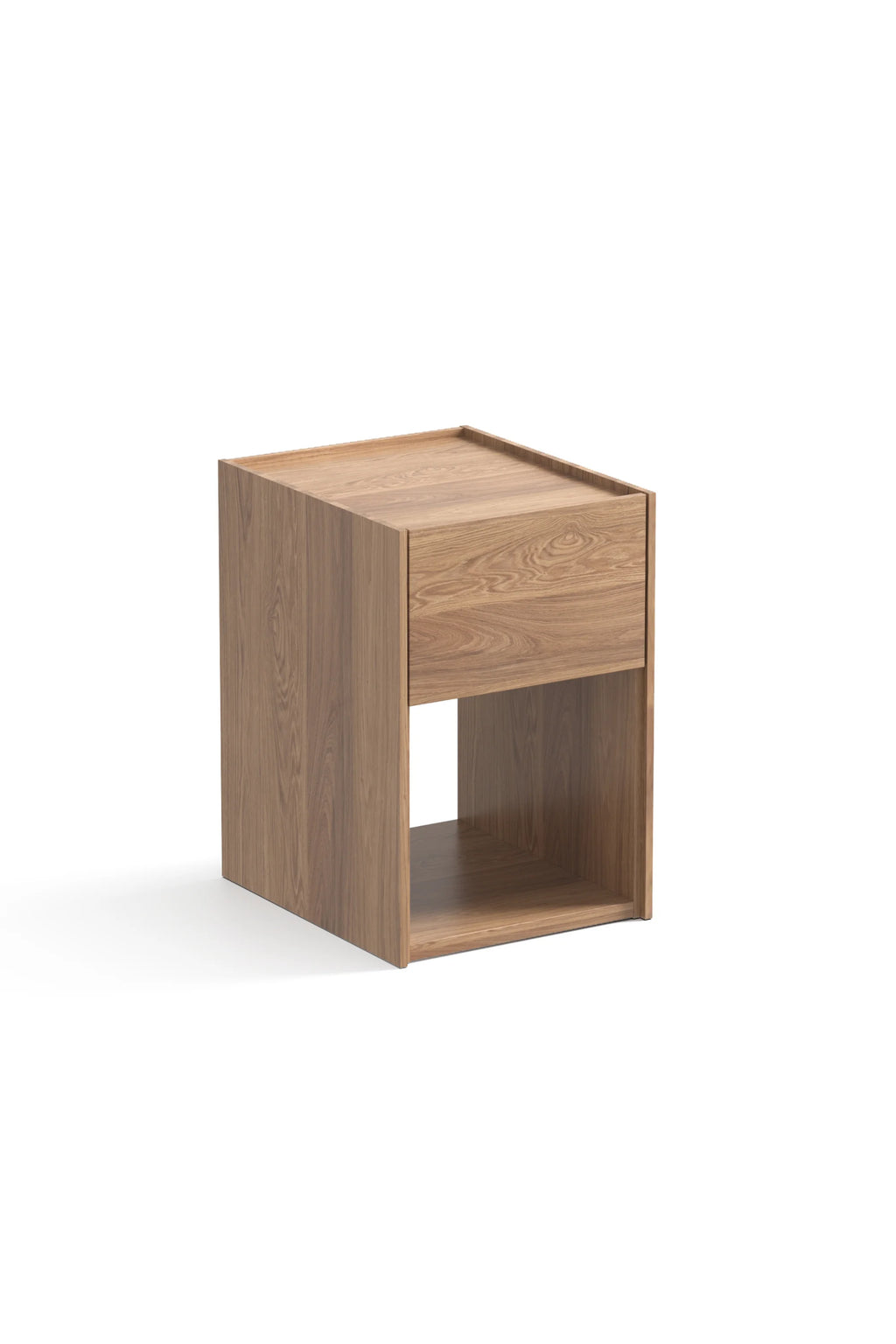 TAMO Kari Nightstand, a modern minimalist nightstand crafted from natural light oak wood veneer with a clean, rectangular silhouette. It features a single smooth-gliding drawer for concealed storage, an open cubby shelf for display, and a subtly raised edge on its top surface. This Scandinavian-inspired bedside table is ideal for contemporary bedrooms or as a stylish side table in small living spaces.