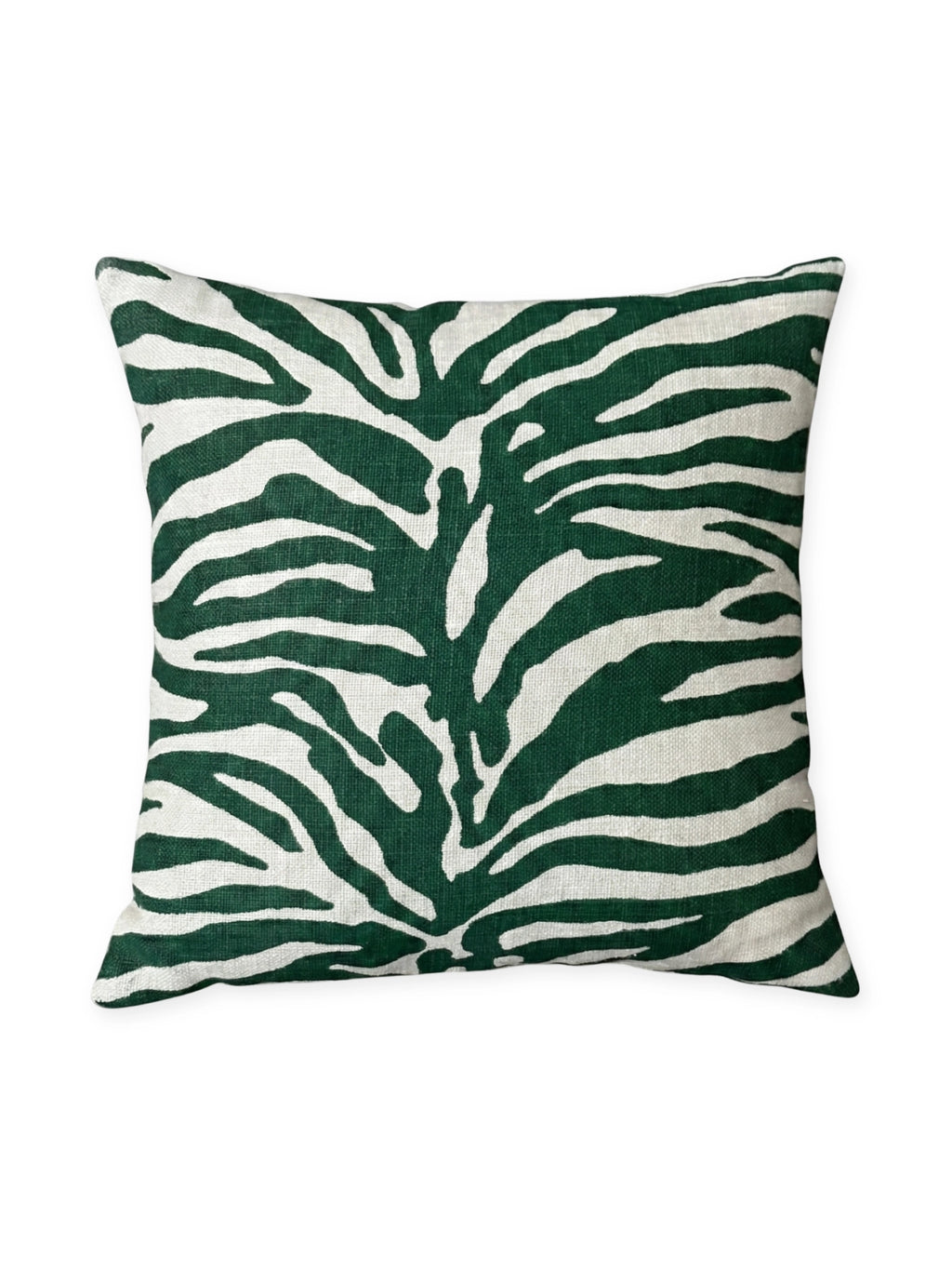 Tinted Objects Karlberg Throw Pillow, a stylish square cushion featuring a vibrant dark green and off-white zebra print pattern with a textured fabric finish. This decorative accent pillow is perfect for adding a bold, modern touch to living rooms or bedrooms for design-conscious individuals.