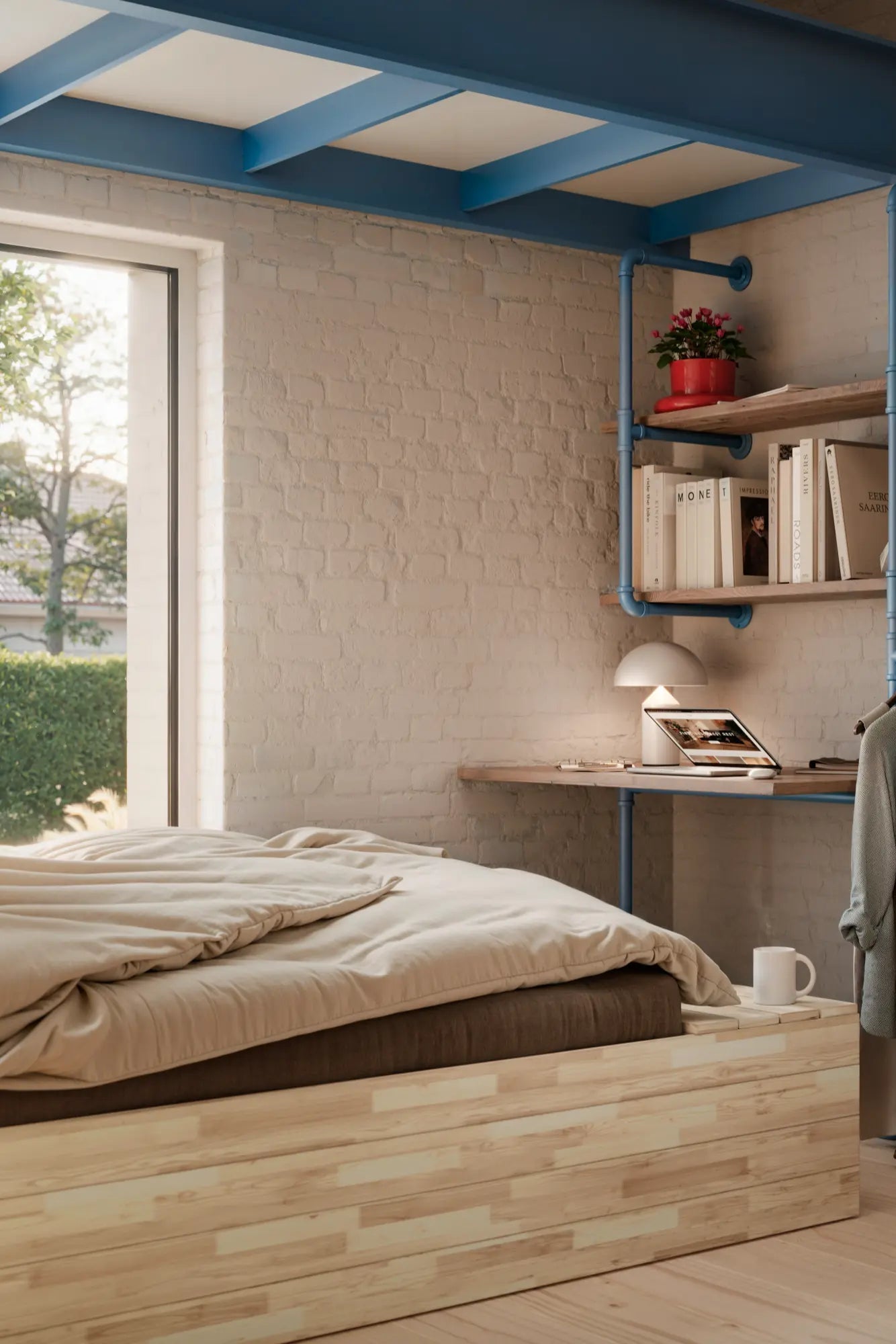 Chic basement loft with trendy bed and industrial style