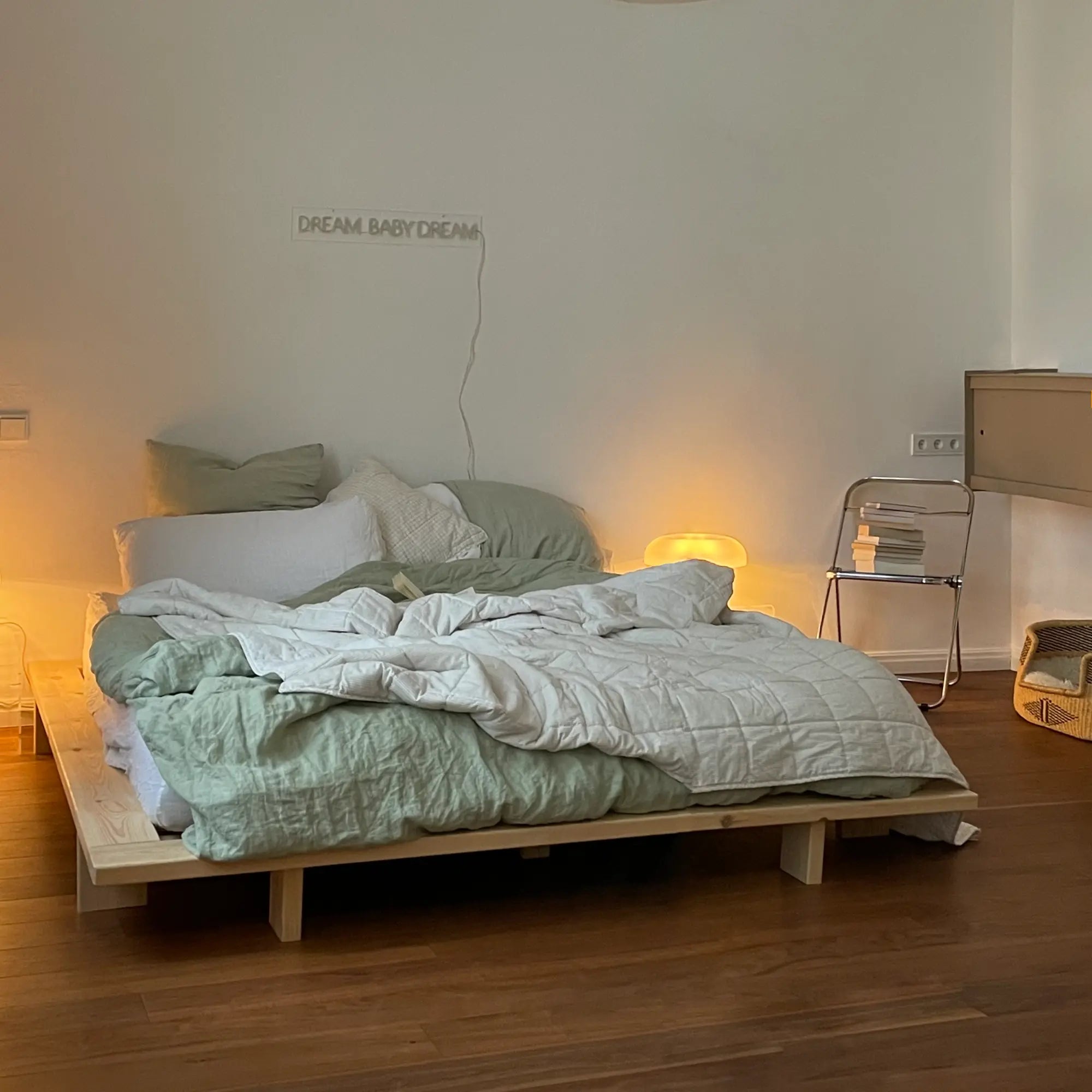 Handcrafted wooden Japan Bed with a raw, natural finish and sleek, minimalist design
