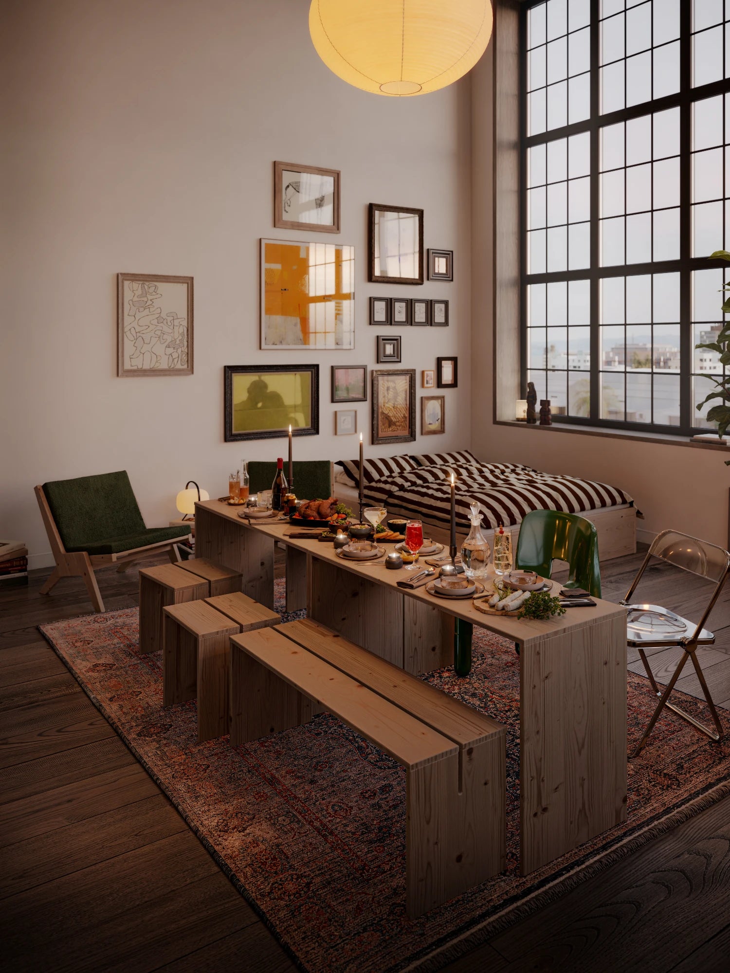 join-in dining table karup design in a loft style minimalistic apartment with artprints on the wall