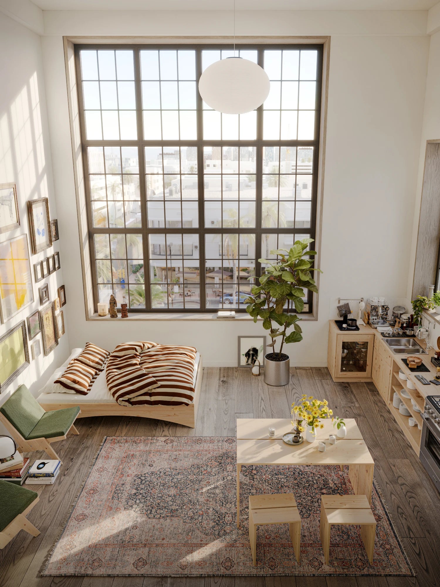 join-in dining table karup design in a loft style minimalistic apartment with artprints on the wall and big windows that bring alot of natural light