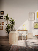 join-in dining table karup design in a minimalistic apartment with artprints in the wall and a plant next to the table