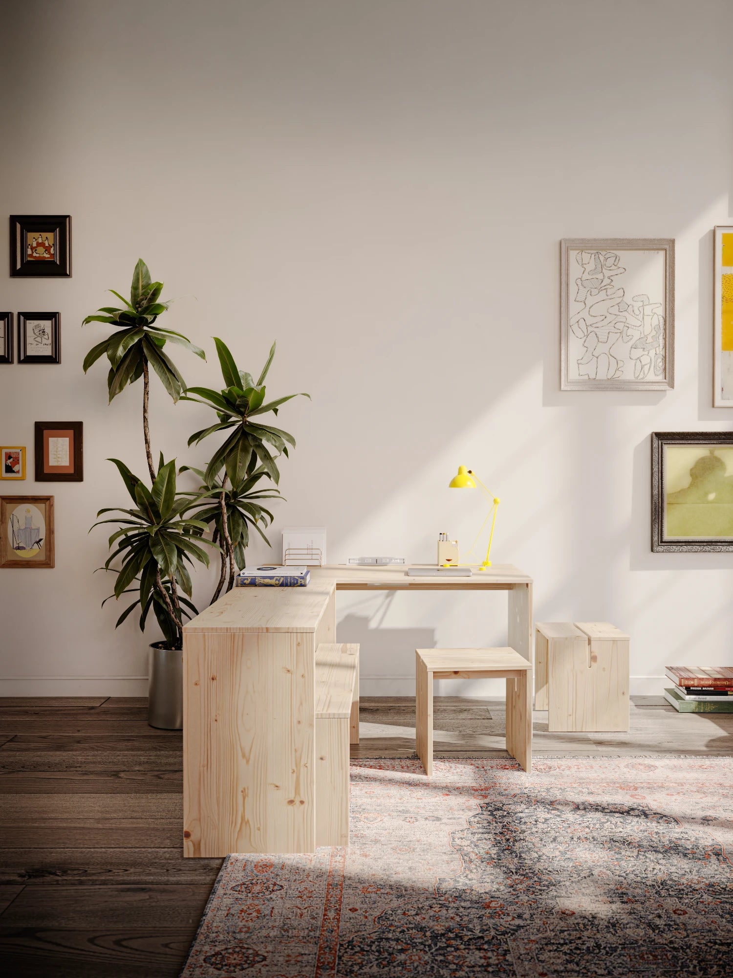 join-in dining table karup design in a minimalistic apartment with artprints in the wall and a plant next to the table