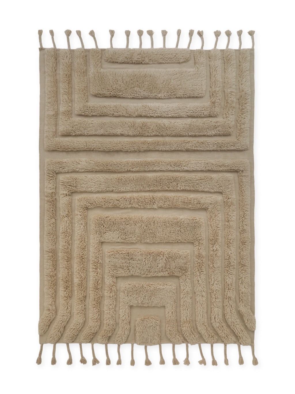 Tinted Objects Kask Wool Rug, a plush beige rectangular area rug with a textured, raised geometric pattern forming concentric squares and finished with decorative tassels along the short edges. This stylish and soft floor covering is perfect for adding warmth and modern elegance to any living room or bedroom.