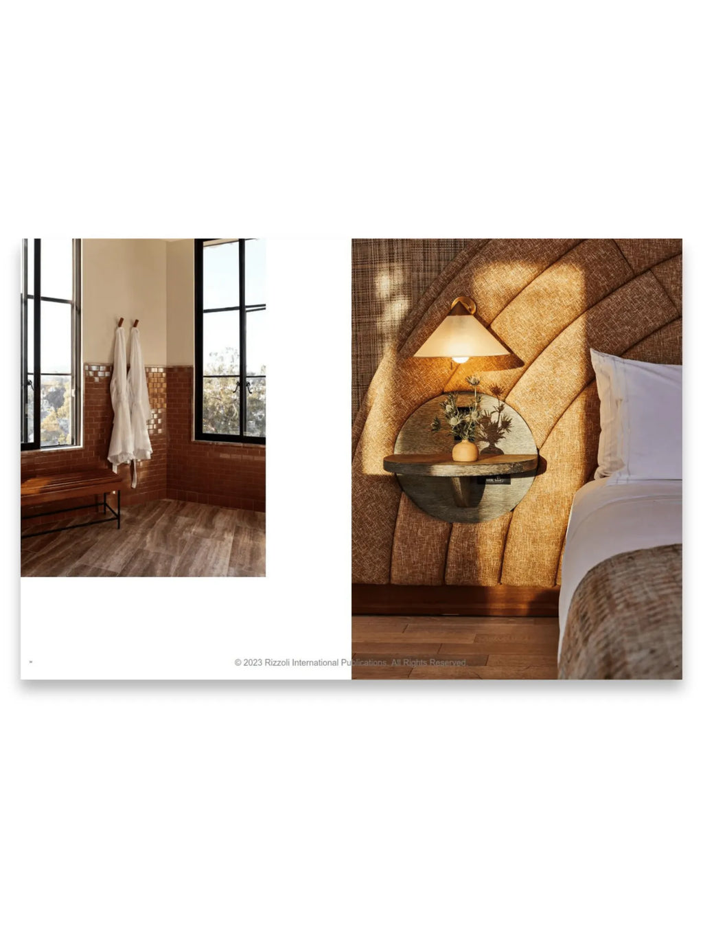 Book Kelly Wearstler - Synchronicity, showcasing two interior design vignettes: a modern bathroom with brown tile and black-framed windows, and a luxurious bedroom with a textured, quilted headboard and a circular floating nightstand. This premium design book is perfect for interior design enthusiasts and professionals seeking inspiration.