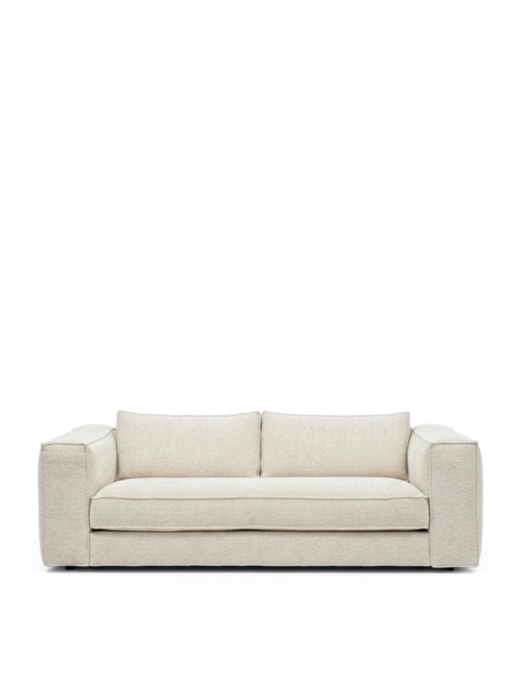 Tinted Objects Klinge Sofa, a modern light beige three-seater couch with a subtly textured fabric and clean lines. This stylish and comfortable sofa is perfect for contemporary living rooms seeking elegant seating.