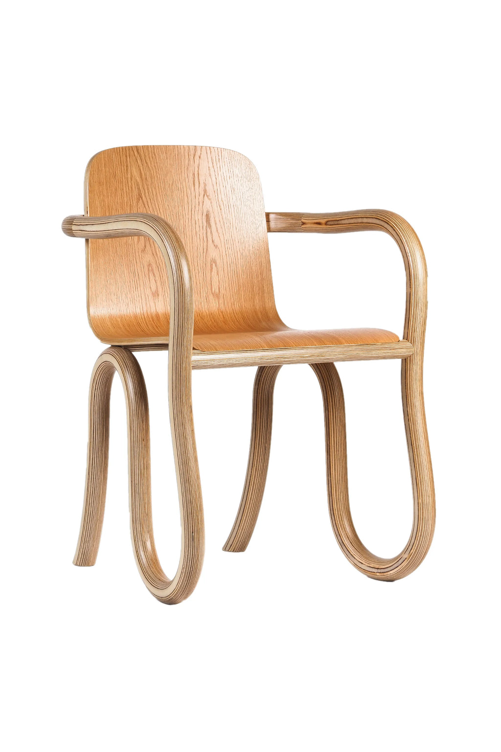Made by Choice Kolho Dining Chair, a unique and elegant chair crafted from light natural bent plywood with a visible wood grain, featuring distinctive curved legs and armrests, displayed on a white background.