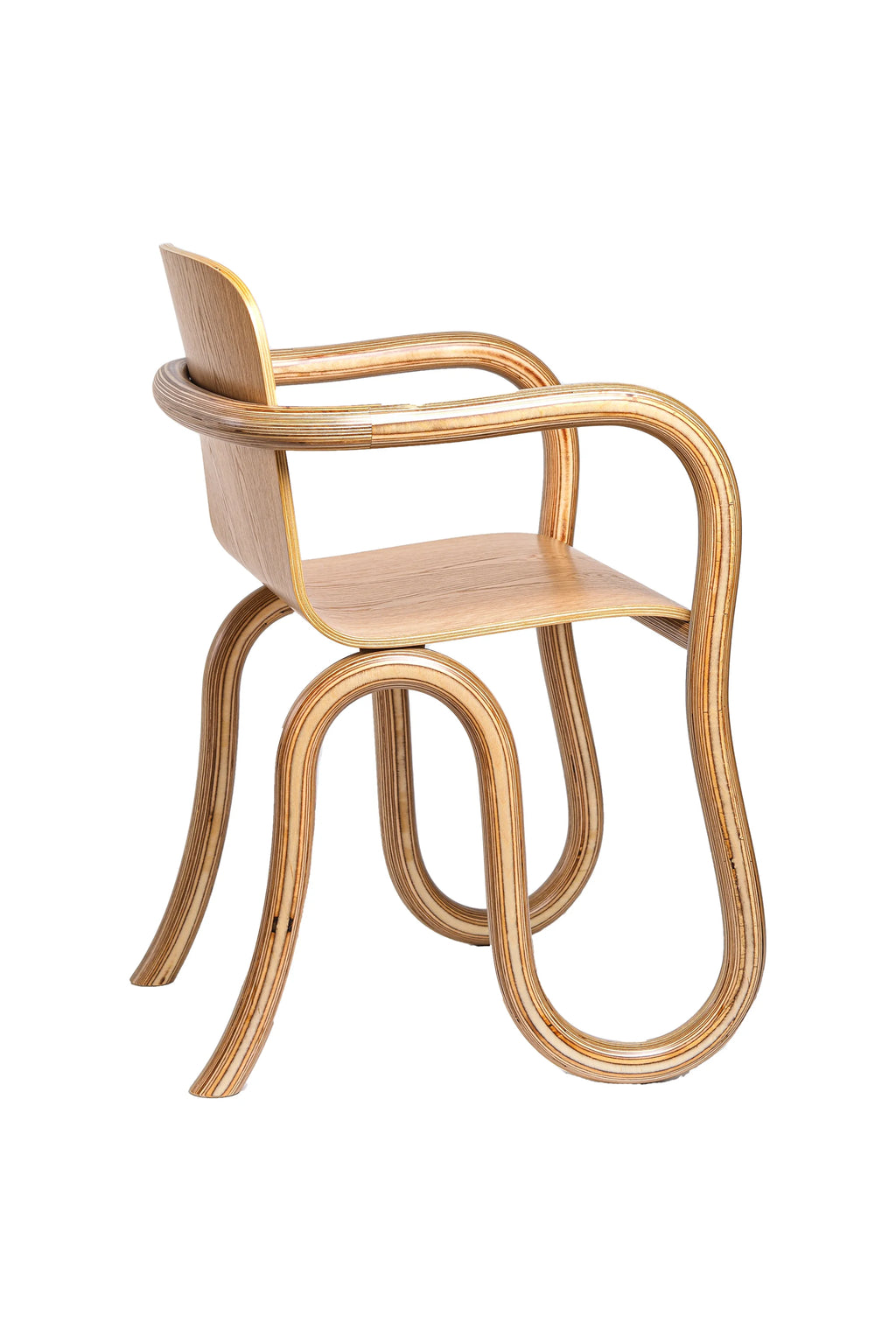 Made by Choice Kolho Dining Chair, showcasing its natural light wood grain finish. This elegant chair features a contemporary design with distinctive curved legs and armrests, presented on a white background.