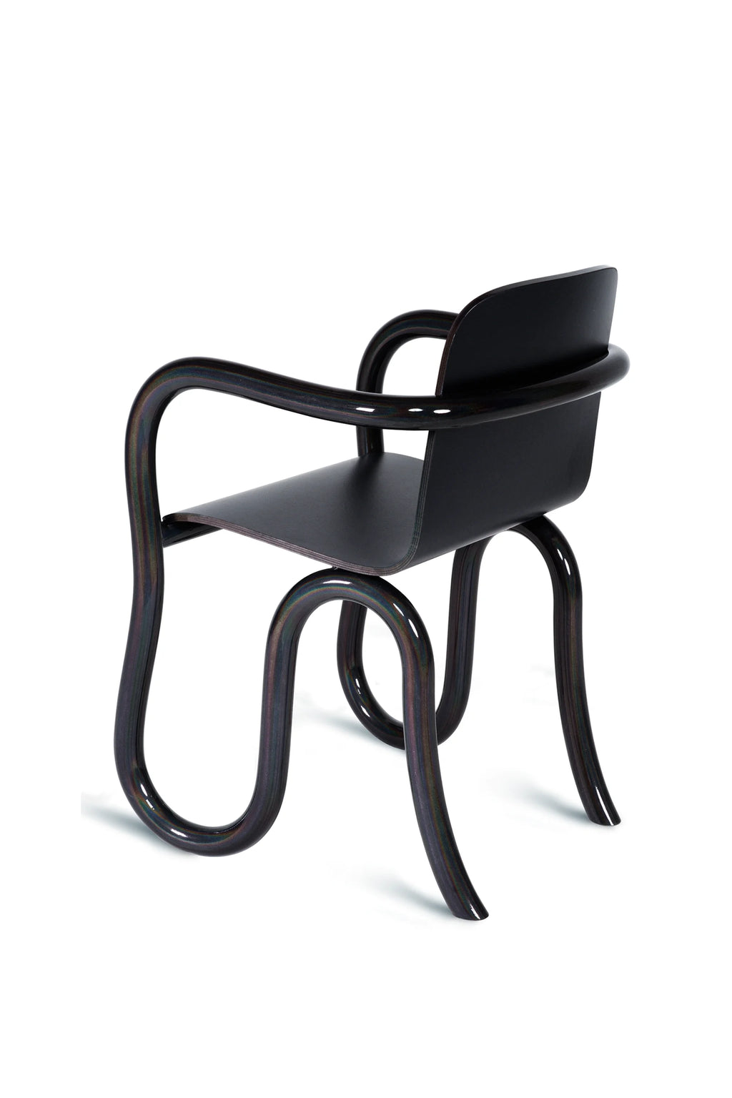 Made by Choice Kolho Dining Chair in a sophisticated dark, iridescent finish, crafted from bent plywood, featuring unique curved legs and armrests, viewed from the back on a white background.
