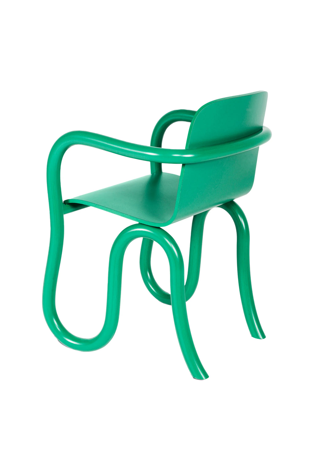 Made by Choice Kolho Dining Chair in a striking bright green finish, crafted from bent plywood with a glossy surface, featuring unique curved legs and armrests, viewed from the back on a white background.