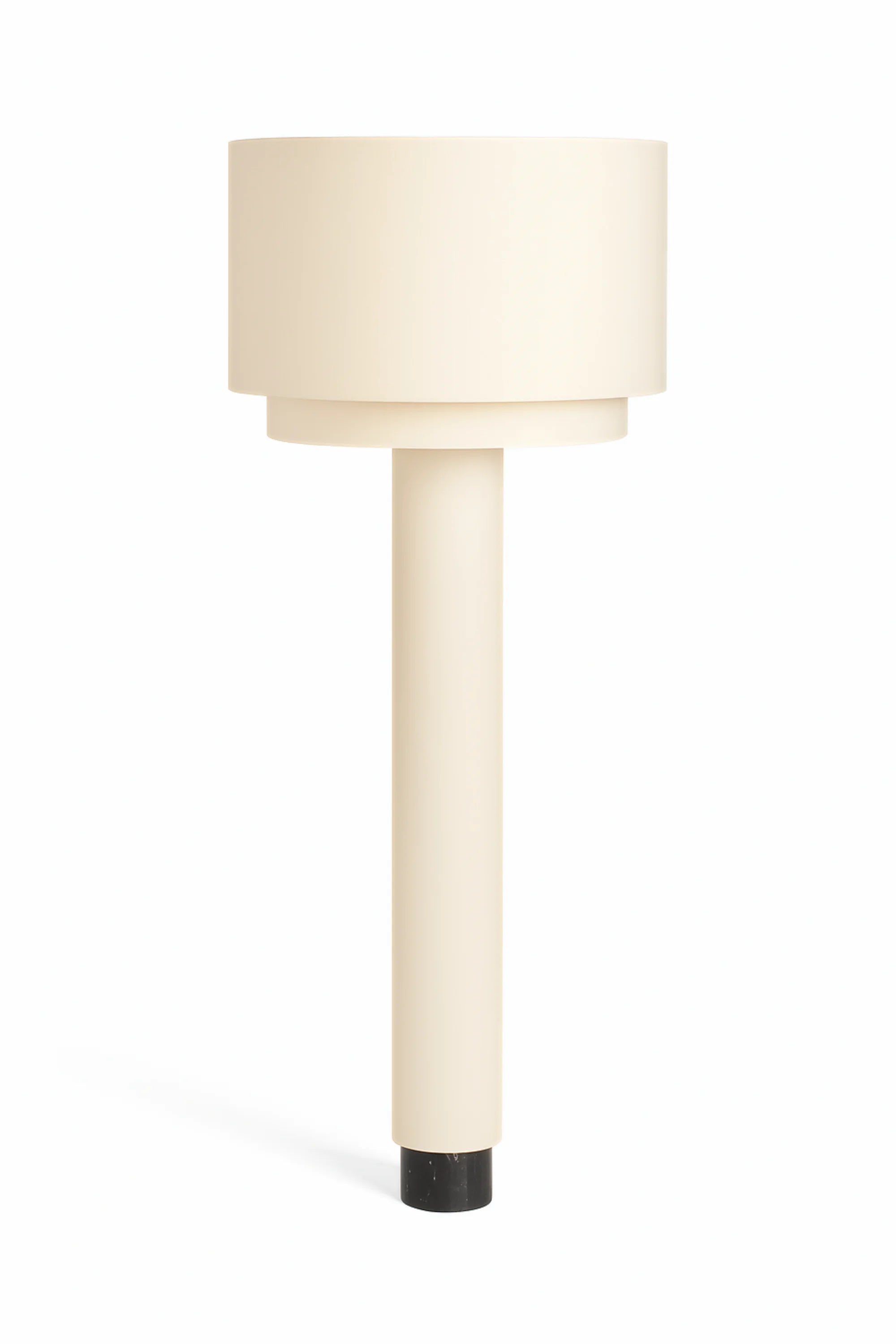White floor lamp with a cylindrical base on a white background