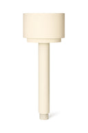 White floor lamp with a cylindrical base and round cream-colored shade on a white background
