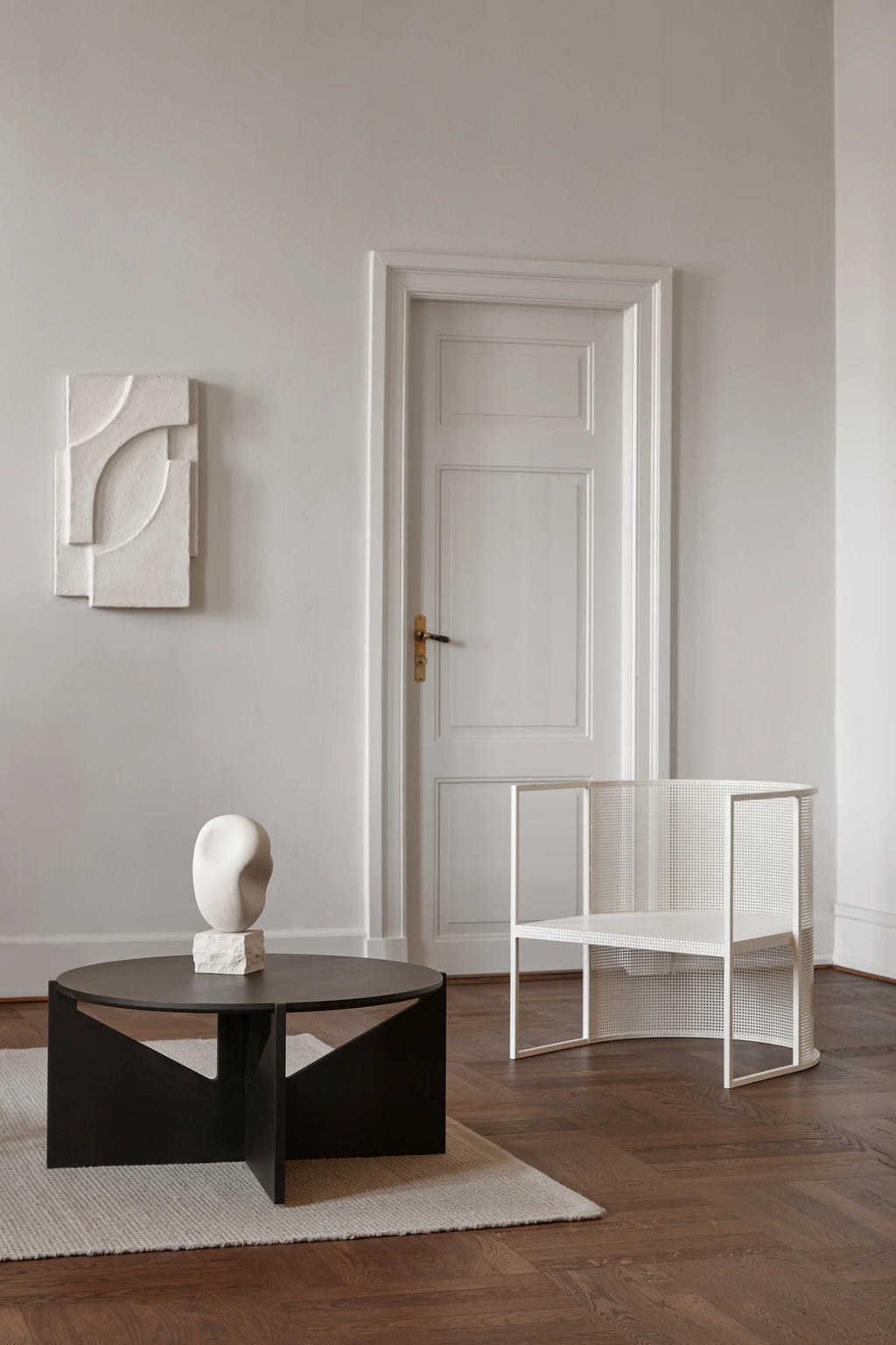Kristina Dam Serif Relief M, a white textured plaster relief art piece featuring abstract geometric shapes with soft curved lines and a layered, sculptural design. This modern minimalist wall decor is perfect for contemporary gallery walls or organic modern living spaces.