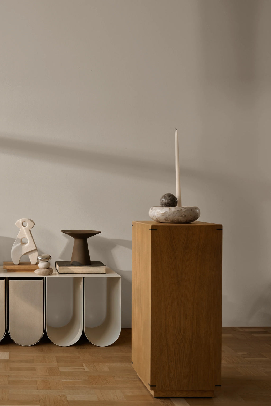 Kristina Dam Japanese Pedestal, a tall, rectangular solid oak display plinth in a natural light oak finish, featuring clean lines and precise joinery for a modern minimalist aesthetic. This versatile wood column is perfect for showcasing art, plants, or decorative objects in Japandi, Scandinavian, or organic modern living rooms and entryways.