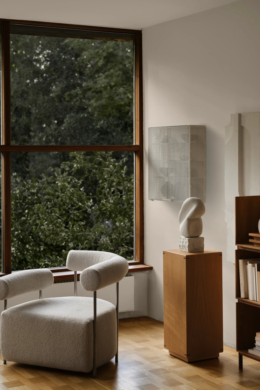 Kristina Dam Japanese Pedestal, a modern minimalist solid oak wood pedestal with a warm natural finish and a clean rectangular form, accented by subtle dark corner joinery. This elegant oak plinth is perfect for showcasing art, sculptures, or plants in Japandi-inspired living rooms, minimalist bedrooms, or contemporary gallery spaces.