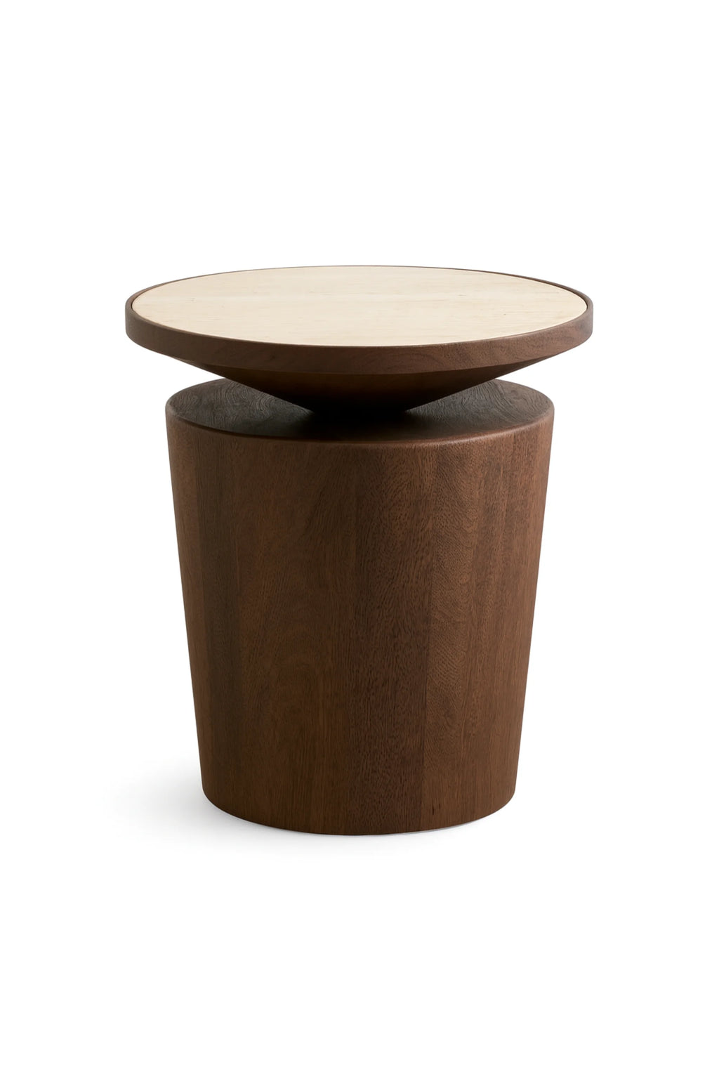 Nordal Kwando Side Table, a modern organic accent table featuring a rich dark brown tapered solid wood base with visible grain and a contrasting light natural wood round top. This contemporary end table, with its minimalist design and Scandinavian aesthetic, is ideal for stylish living rooms or as a chic bedroom bedside table.